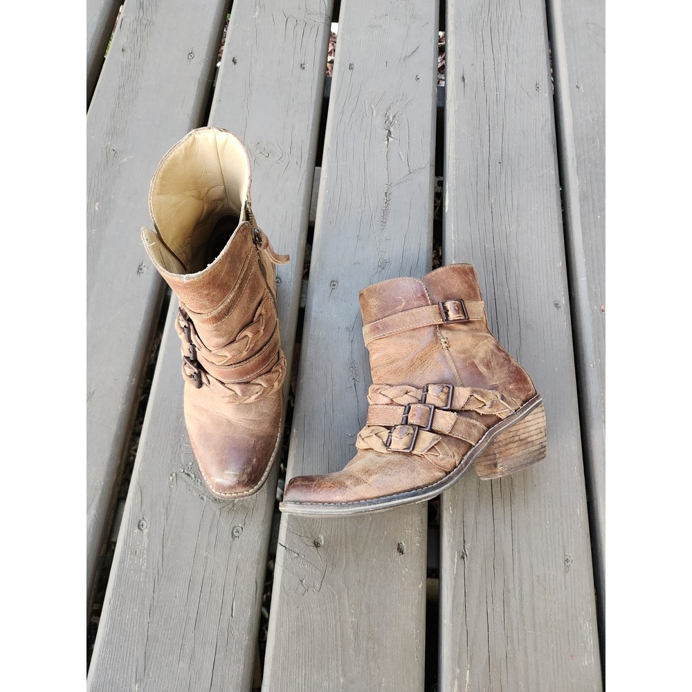Latigo Paz Ankle Boots Brown Leather Braided Buckle Western Boho 7.5M